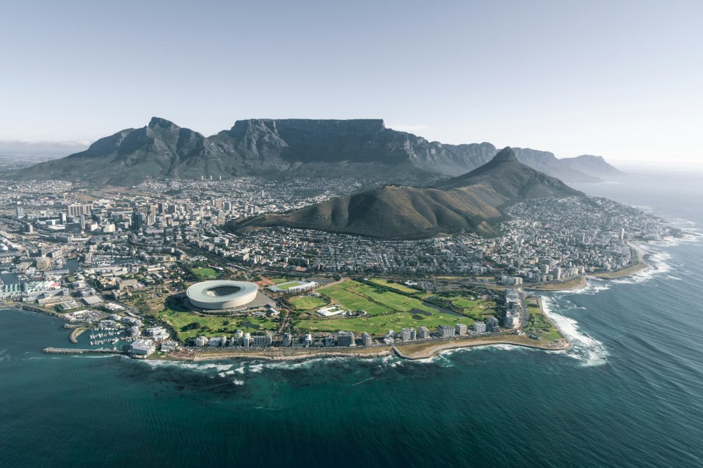 Aerial view of Cape Town with Table Mountain and the Atlantic Ocean
