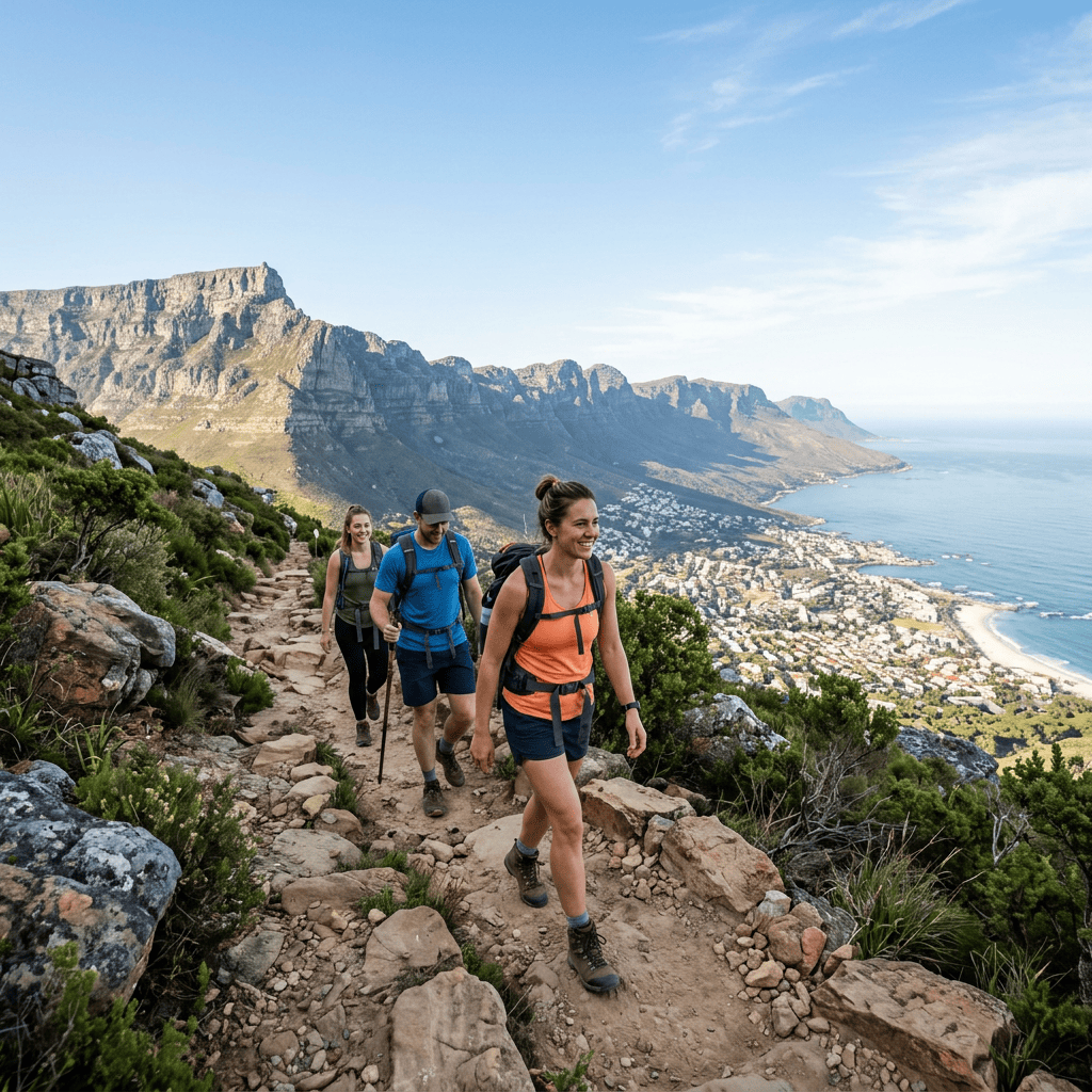 Three hikers on a rocky trail overlooking Table Mountain and Cape Town coastline