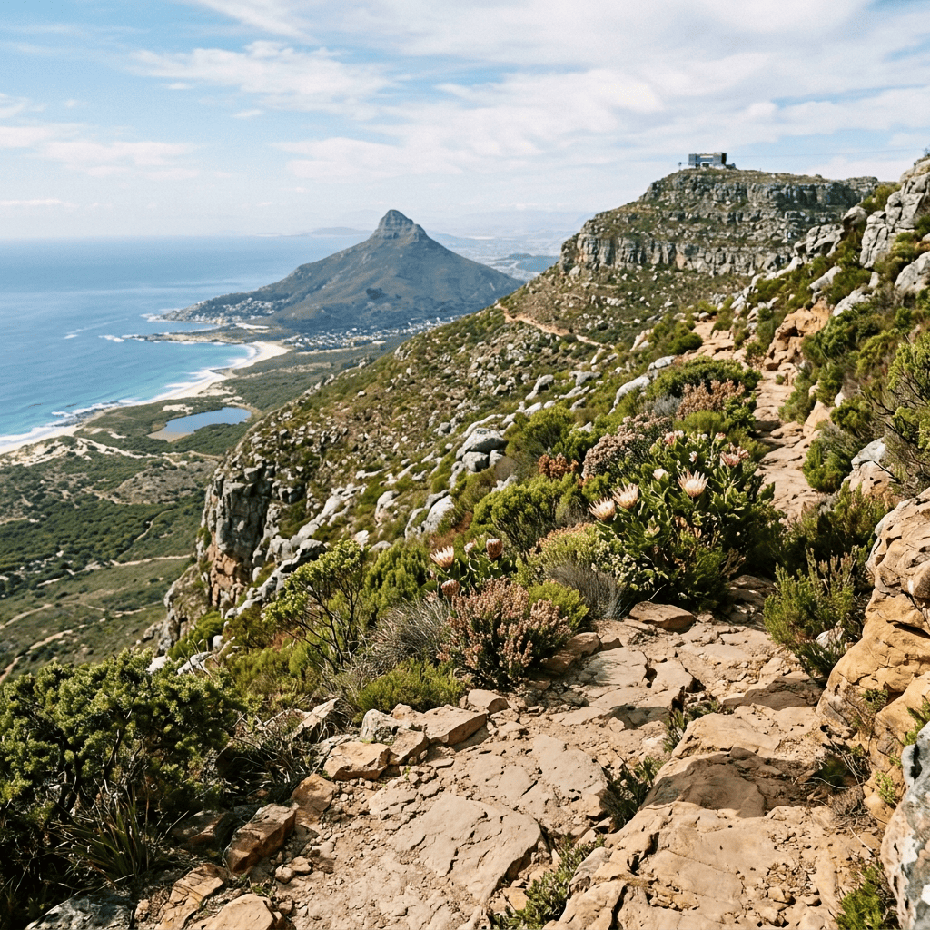 Five hikers ascending a rocky mountain trail above Cape Town